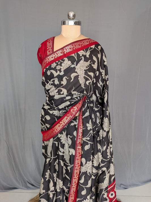 Black Kalamkari Print Saree