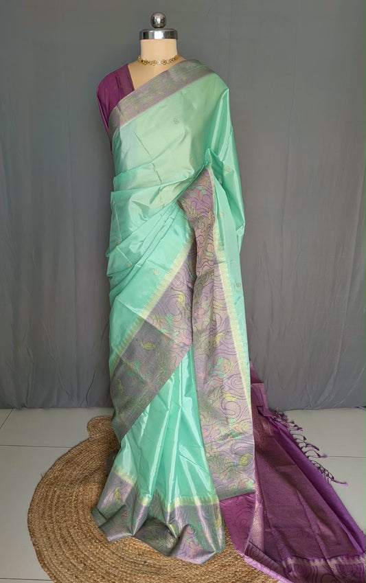 Mint Green & Purple Jacquard Silk Saree