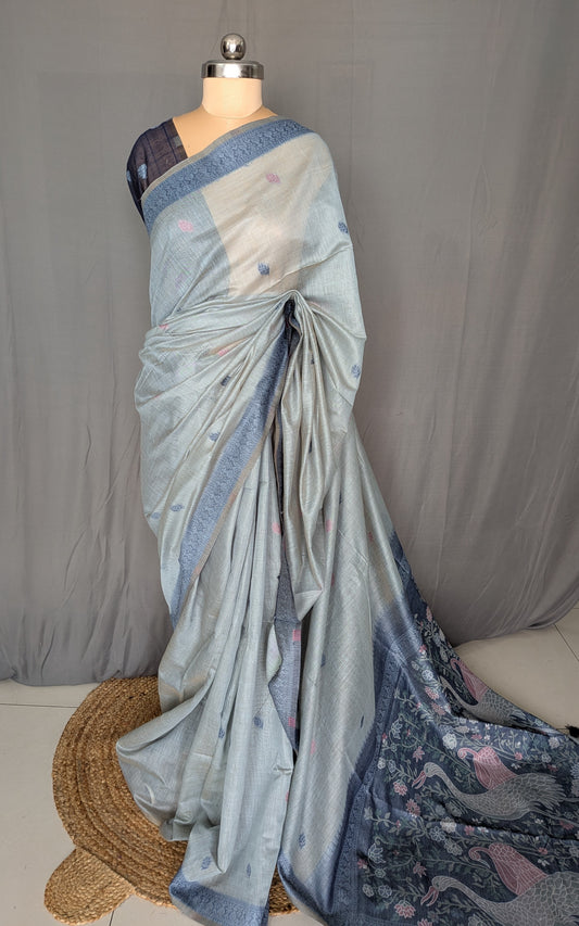 Grey Blue Linen Jamdani Saree (Silver Mist)