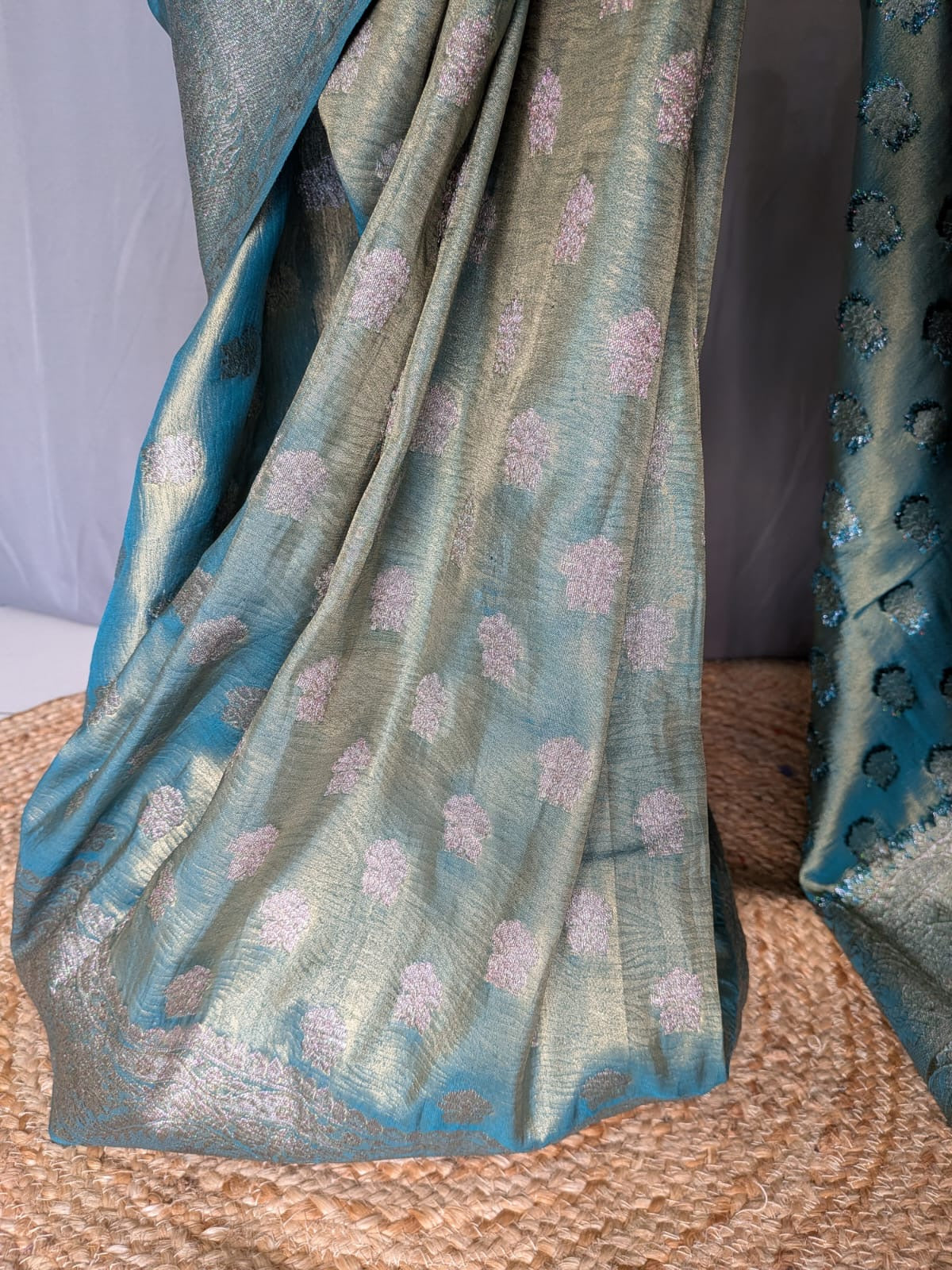 Sea Greenish Blue & Silver Tissue Silk Saree