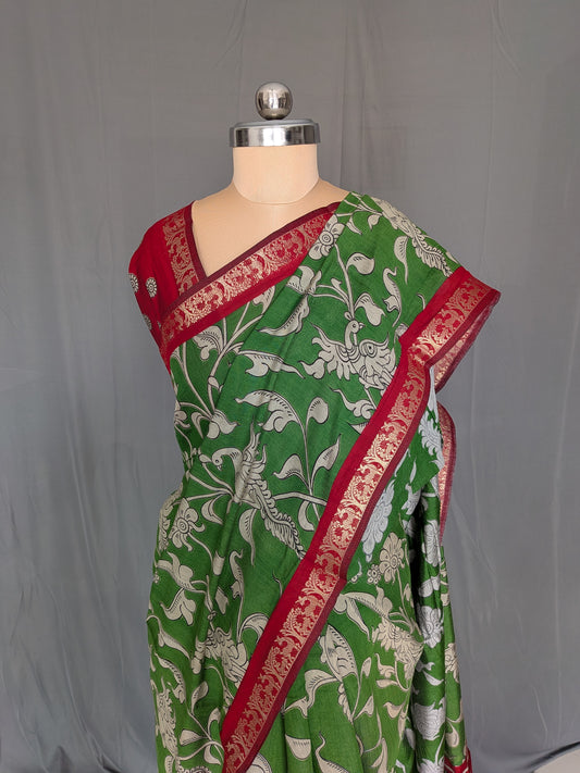 Green Kalamkari Print Saree