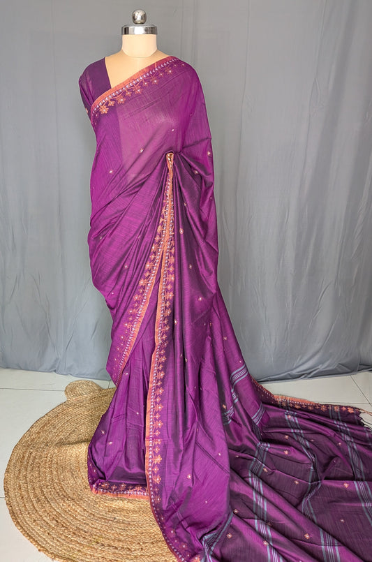 Deep Magenta Floral Linen Cotton Saree