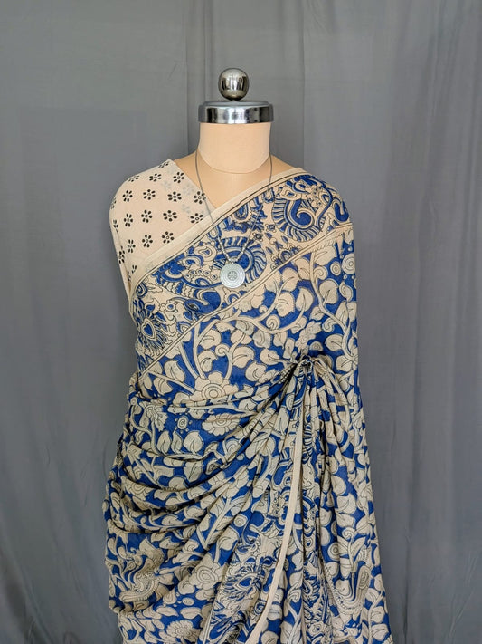 Royal Blue & Beige Kalamkari Printed Saree