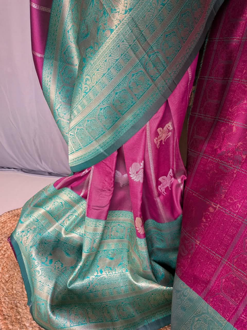 Teal & Wine Zari Silk Saree
