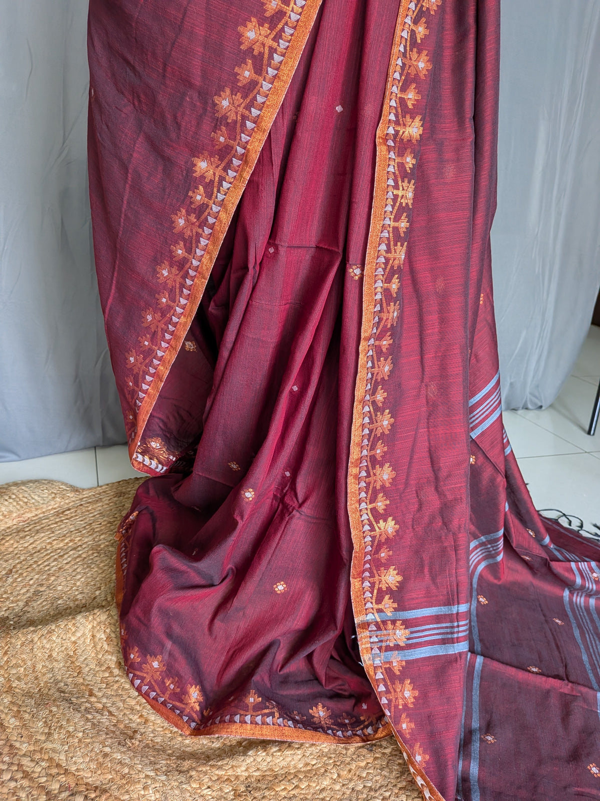 Maroon Floral Linen Cotton Saree