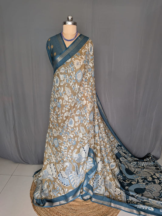 Beige & Teal Blue Kalamkari Saree