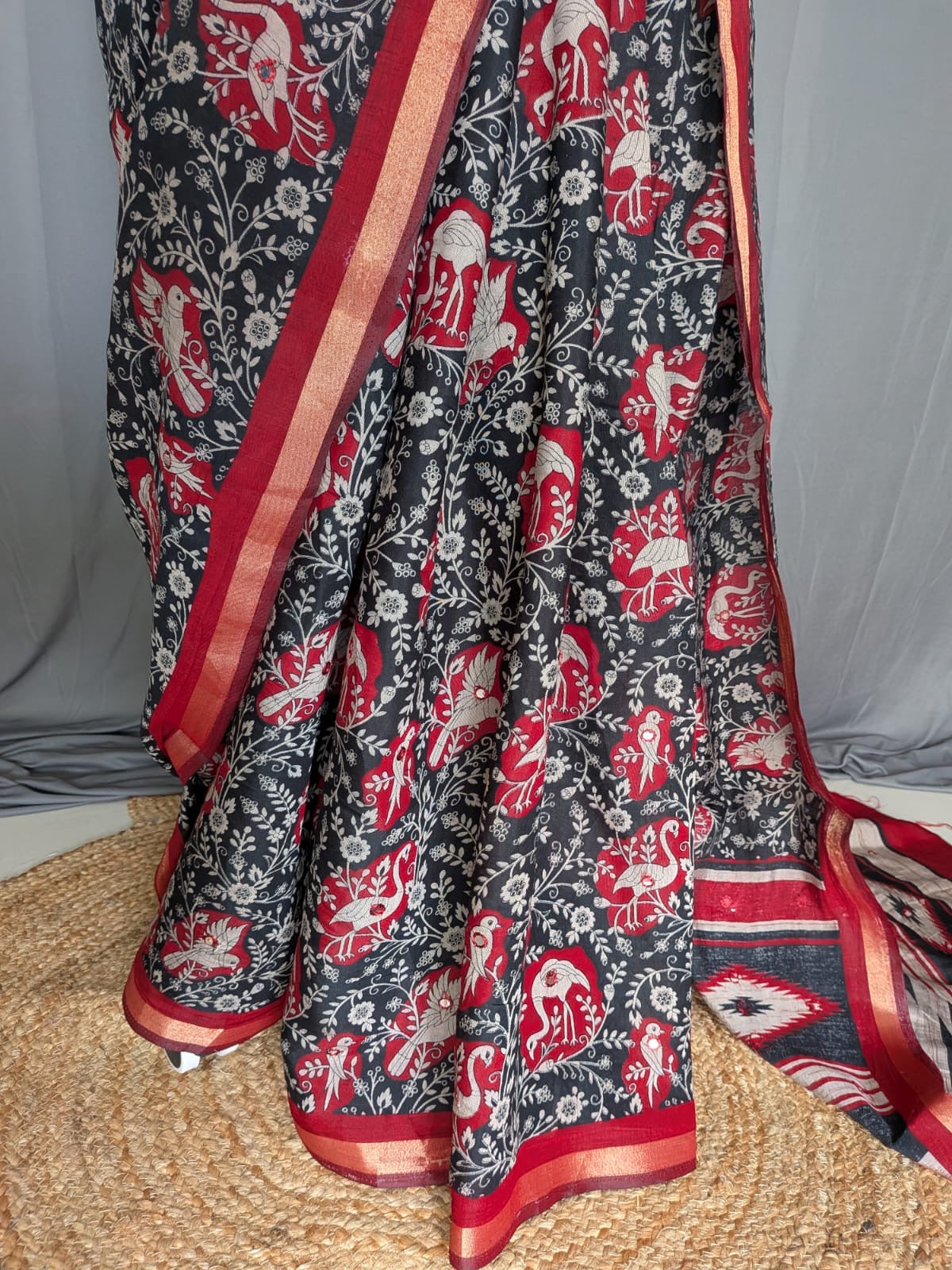 Black & Red Floral Kalamkari Mirror Saree