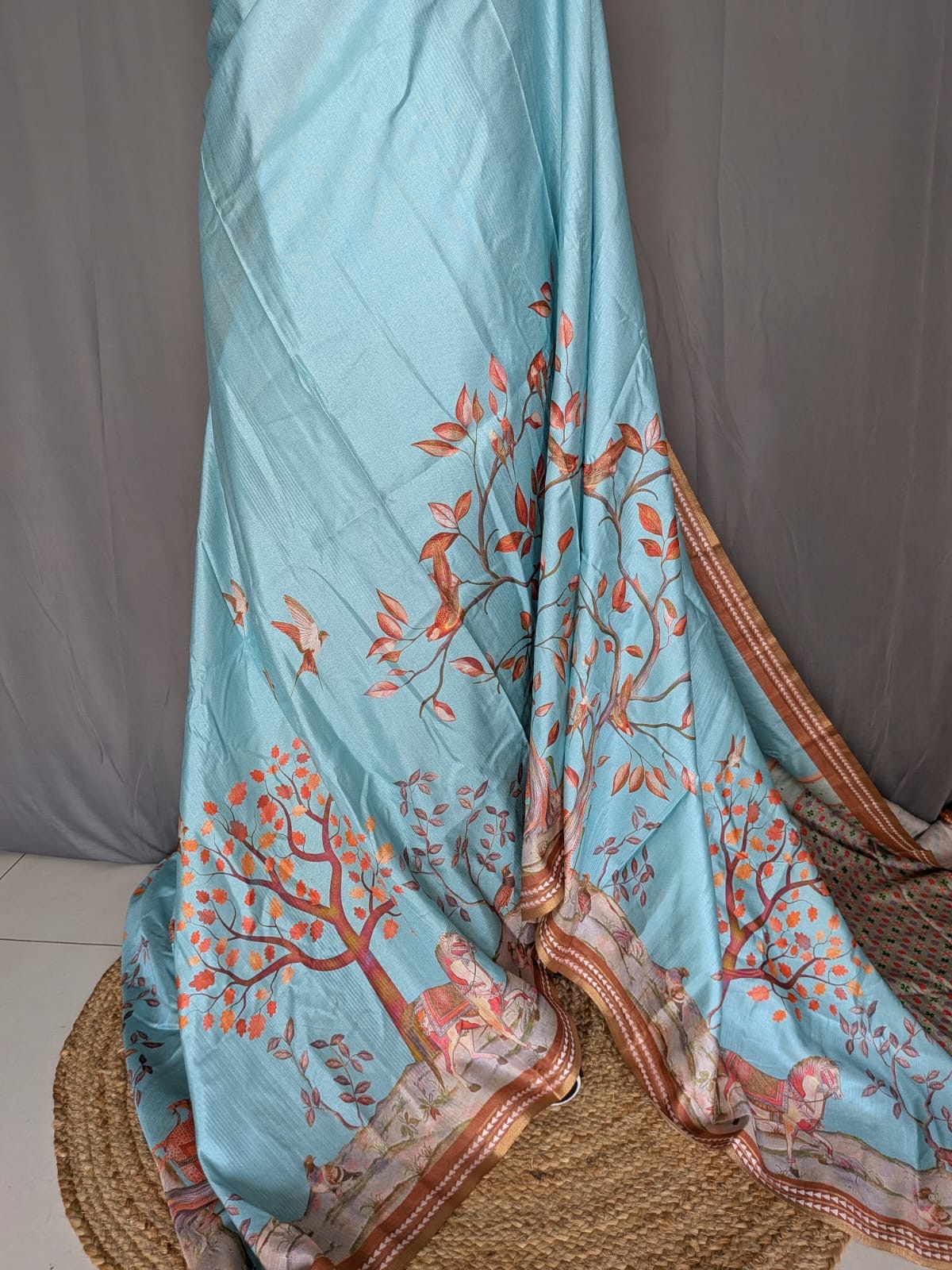 Sky Blue & Rust Orange Printed Saree