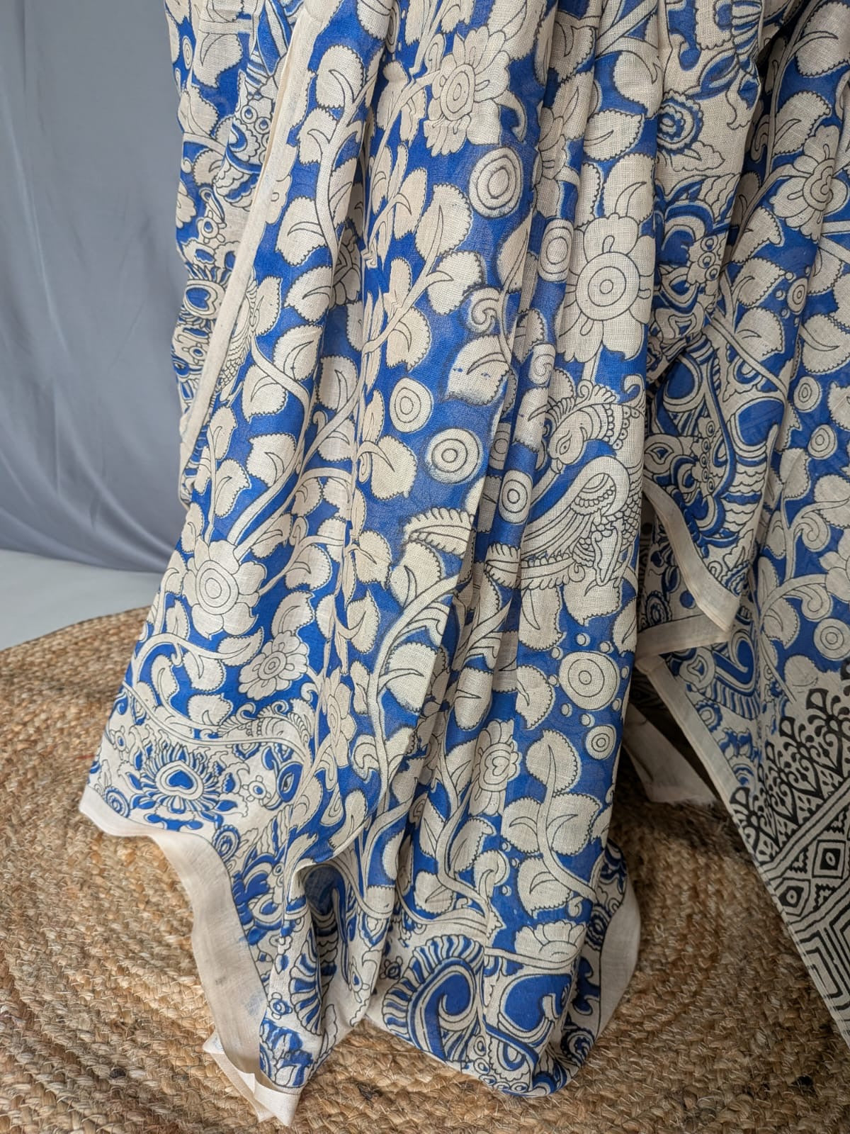 Royal Blue & Beige Kalamkari Printed Saree