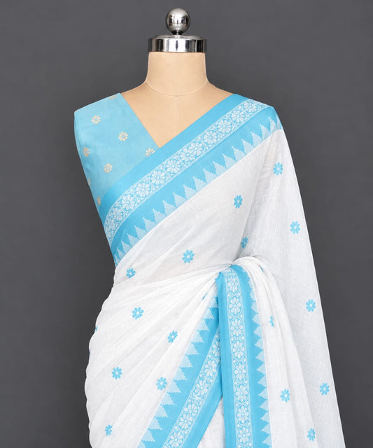 White & Sky Blue MulCotton Saree