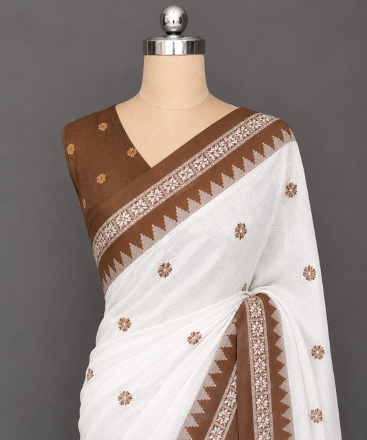 White & Brown Mulcotton Saree