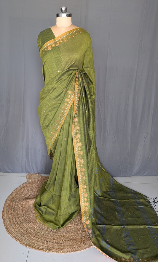 Olive Green Floral Linen Cotton Saree