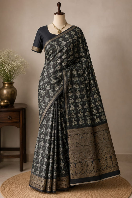 Midnight Charcoal Floral Kota Saree