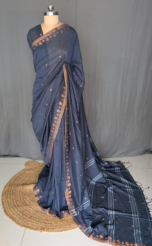 Grey Floral Linen Cotton Saree