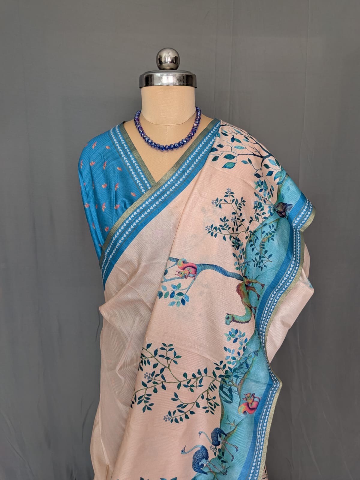 Peach & Blue Printed Saree