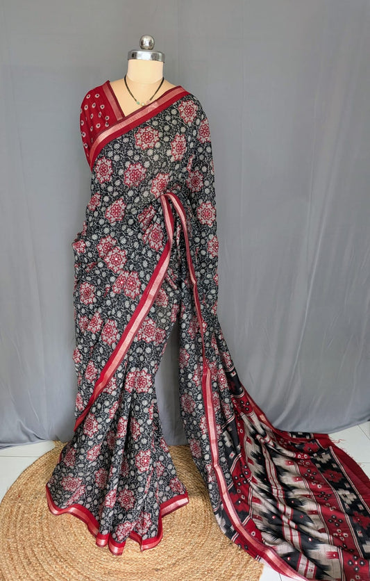 Black & Red Floral Printed Mirror Saree