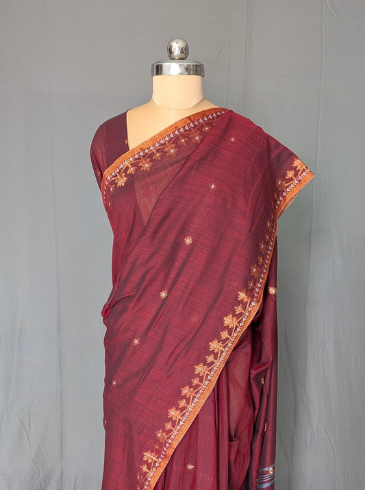 Maroon Floral Linen Cotton Saree