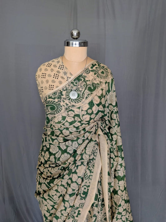 Green & Beige Kalamkari Printed Saree