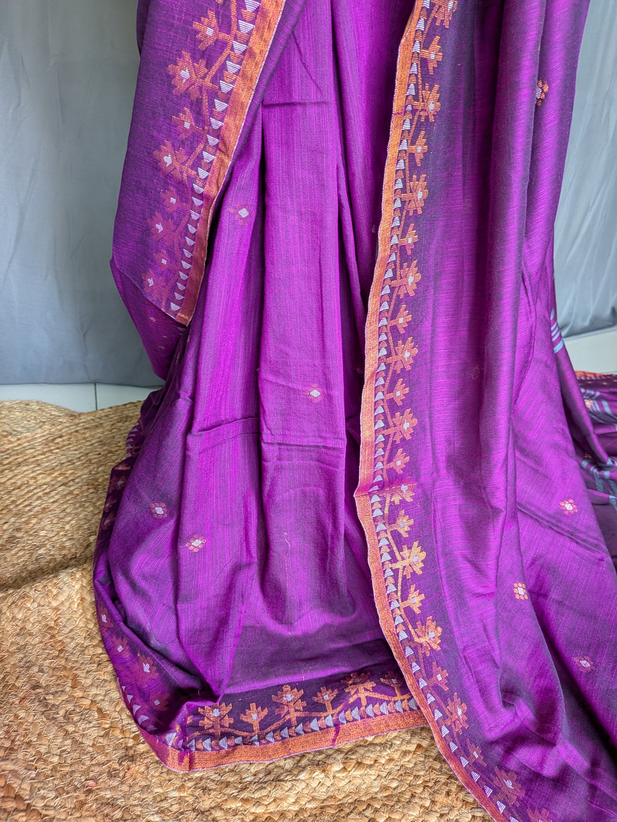 Deep Magenta Floral Linen Cotton Saree