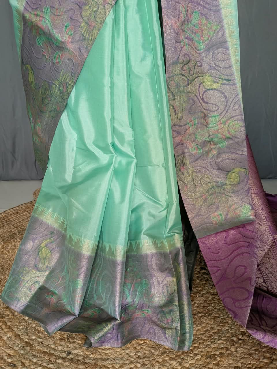 Mint Green & Purple Jacquard Silk Saree