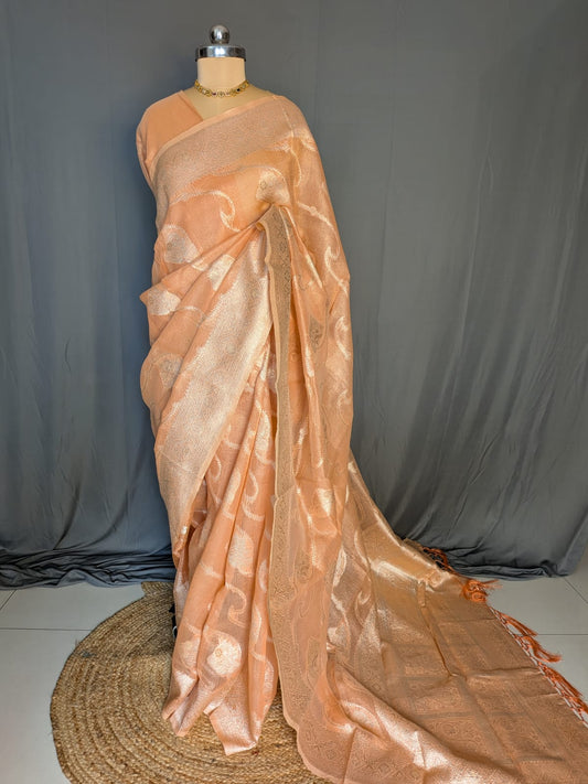 Peach & Antique Gold Zari Tissue Silk Saree