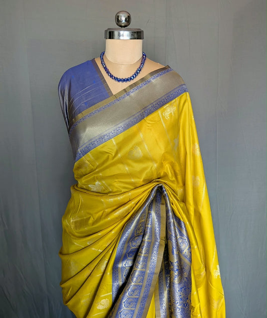 Mustard Yellow & Royal Blue Silk Saree