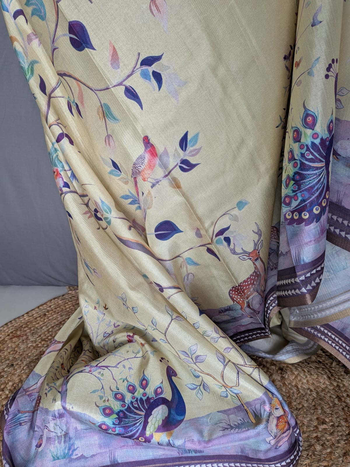 Pastel Yellow & Purple Peacock Printed Silk Saree