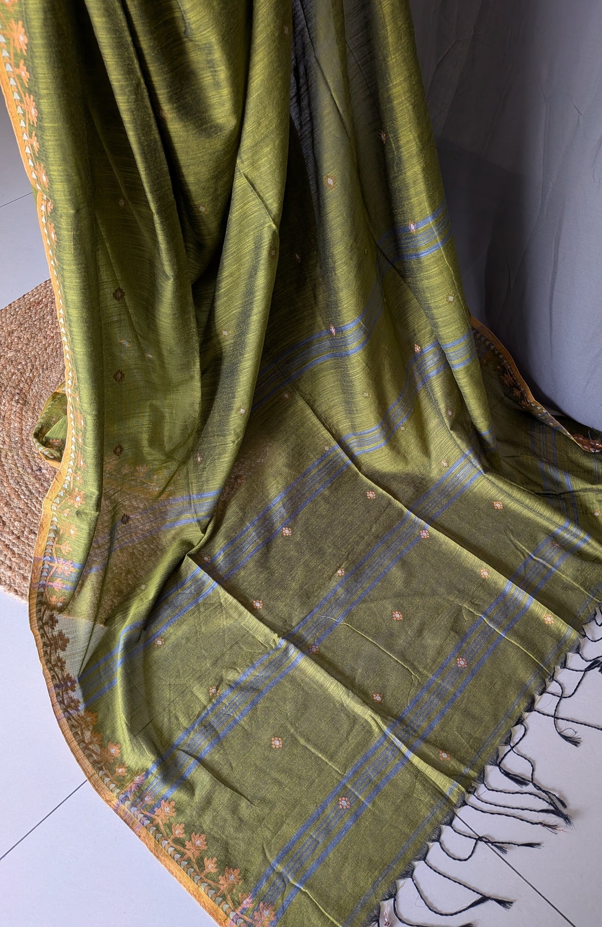 Olive Green Floral Linen Cotton Saree