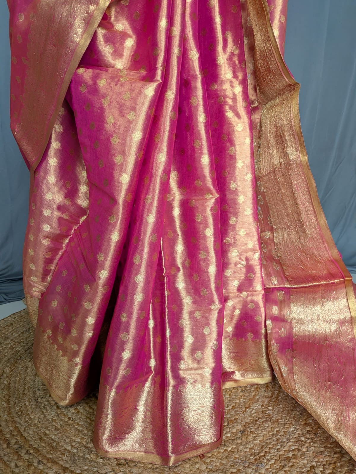 Rani Pink & Antique Gold Tissue Saree