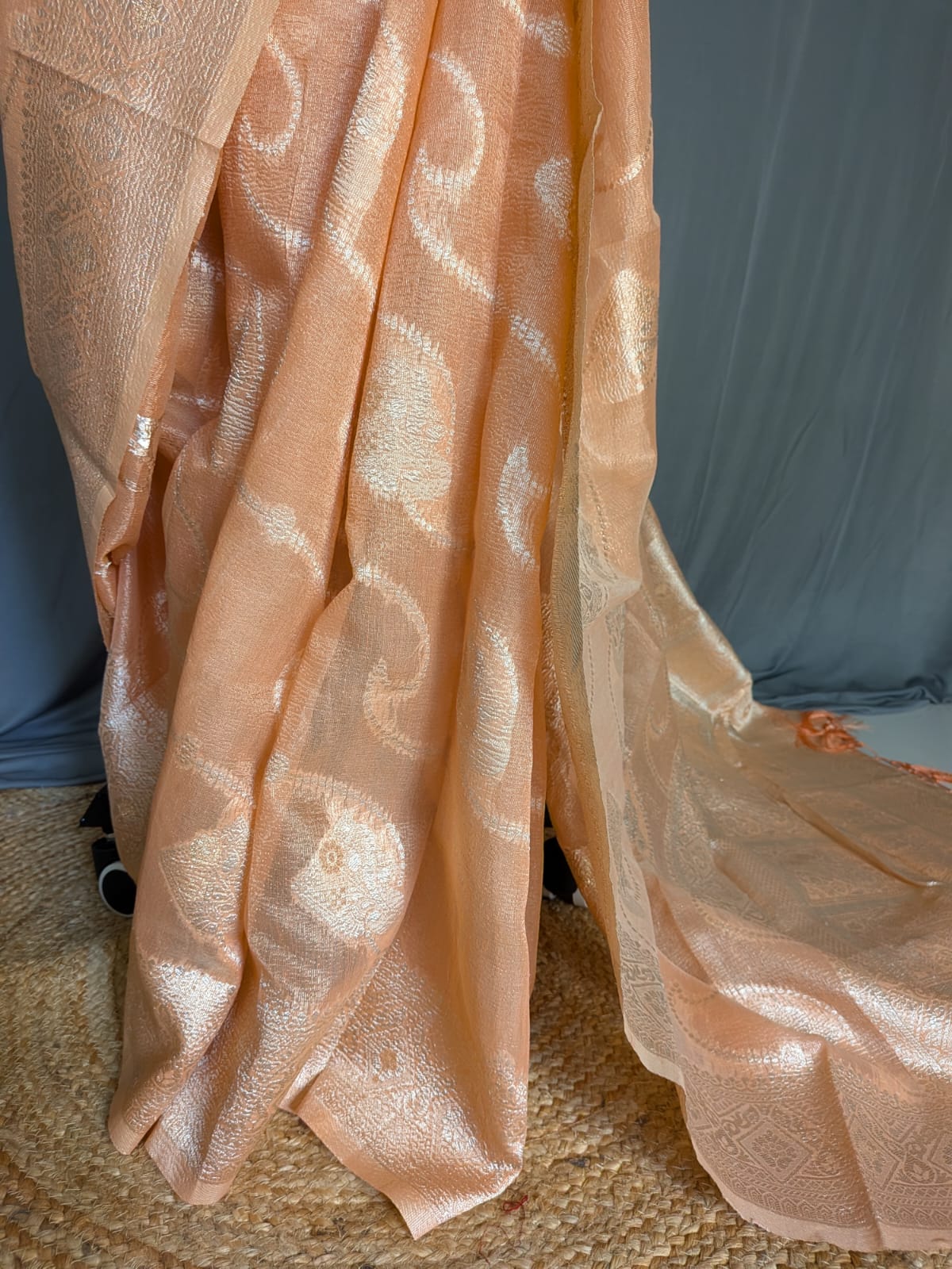 Peach & Antique Gold Zari Tissue Silk Saree