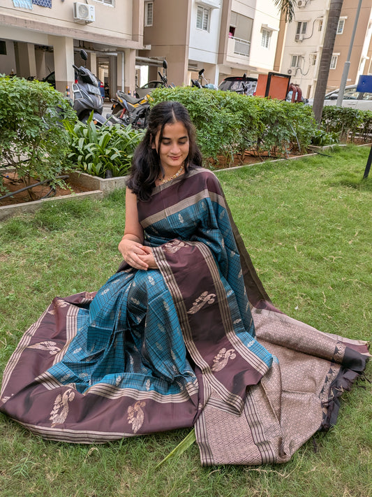 Teal & Coffee Kanchipuram Silk Blend