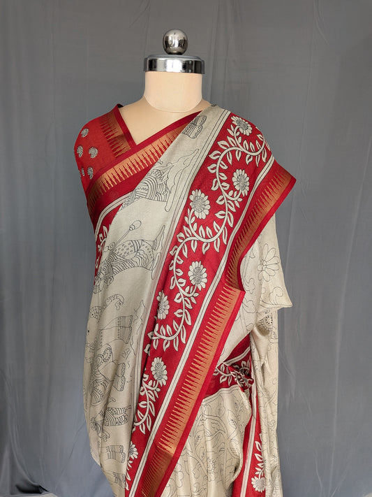 Ivory Red Heritage Printed Saree