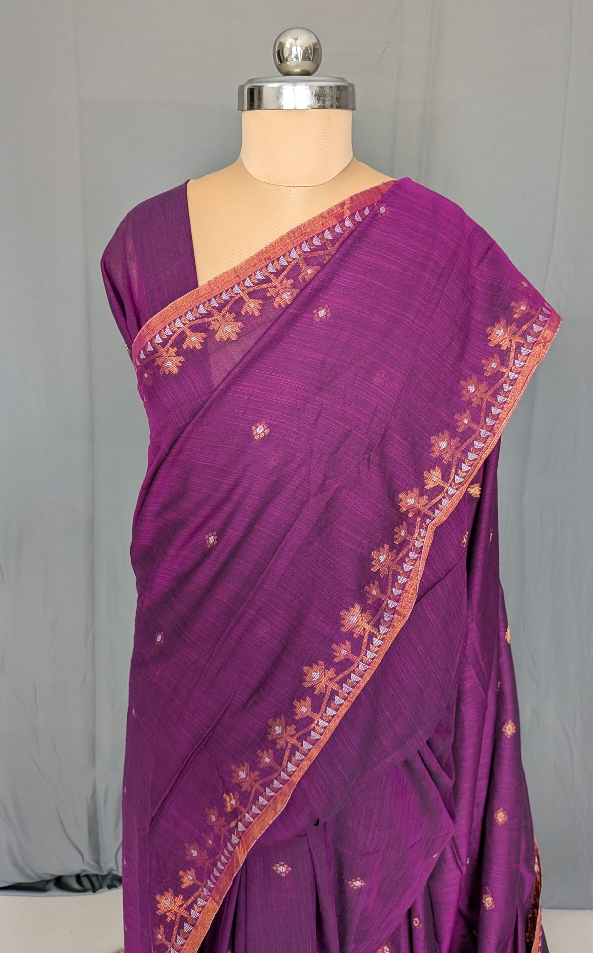 Deep Magenta Floral Linen Cotton Saree