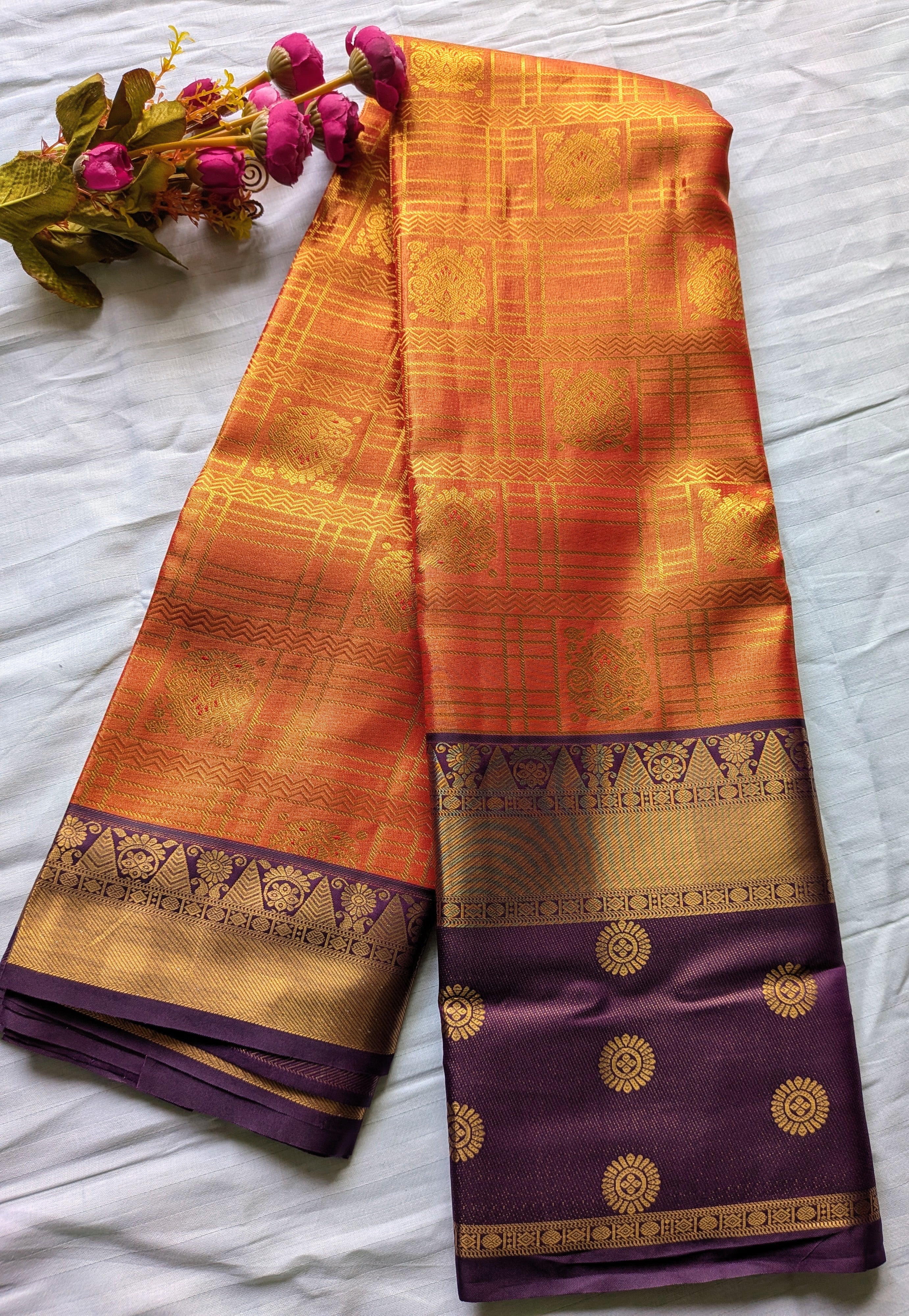 Sunset Glow Kanchi Silk Saree (Orange)