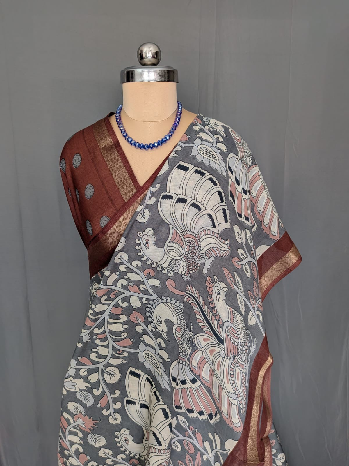 Grey & Maroon Kalamkari Saree