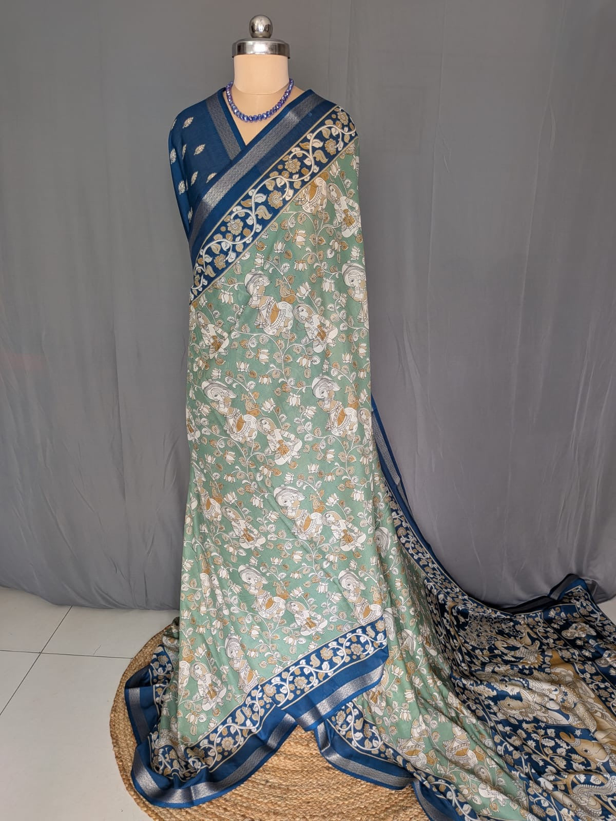 Sea Green & Navy Blue Kalamkari Saree