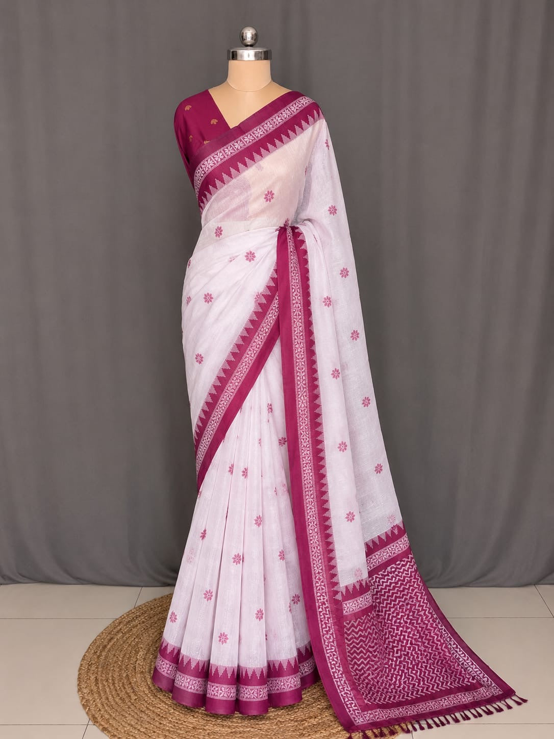 White & Magenta MulCotton Saree