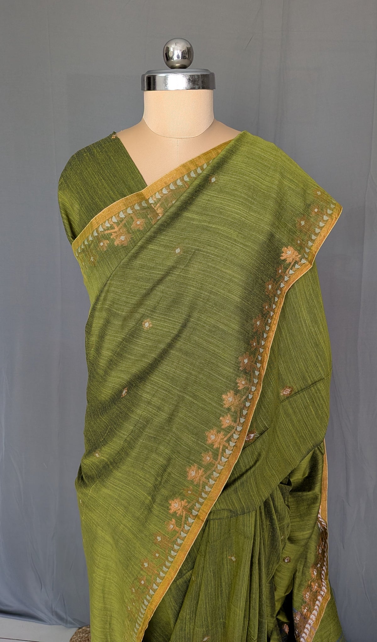 Olive Green Floral Linen Cotton Saree