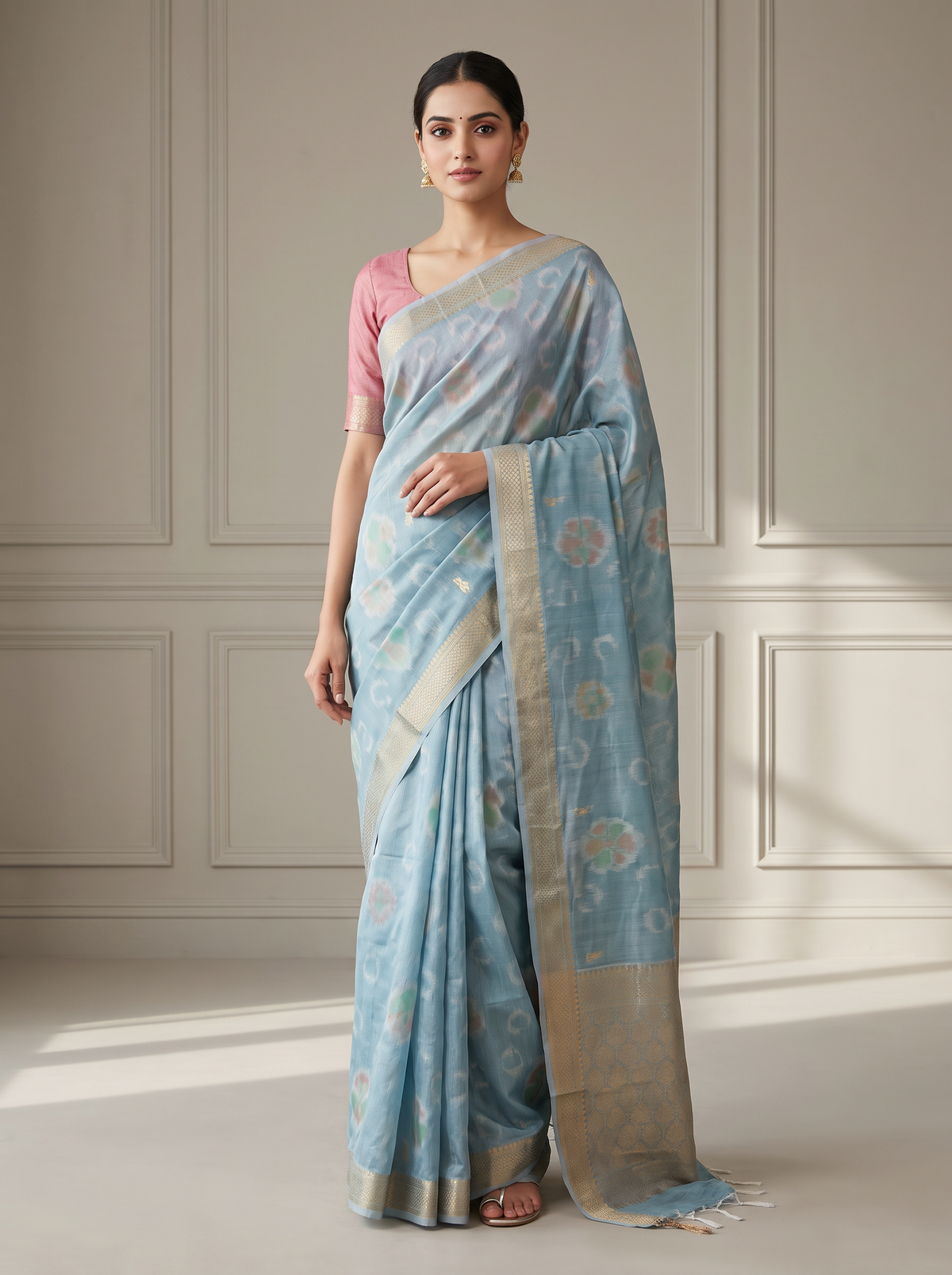 Powder Blue & Rose Gold Woven Silk Saree
