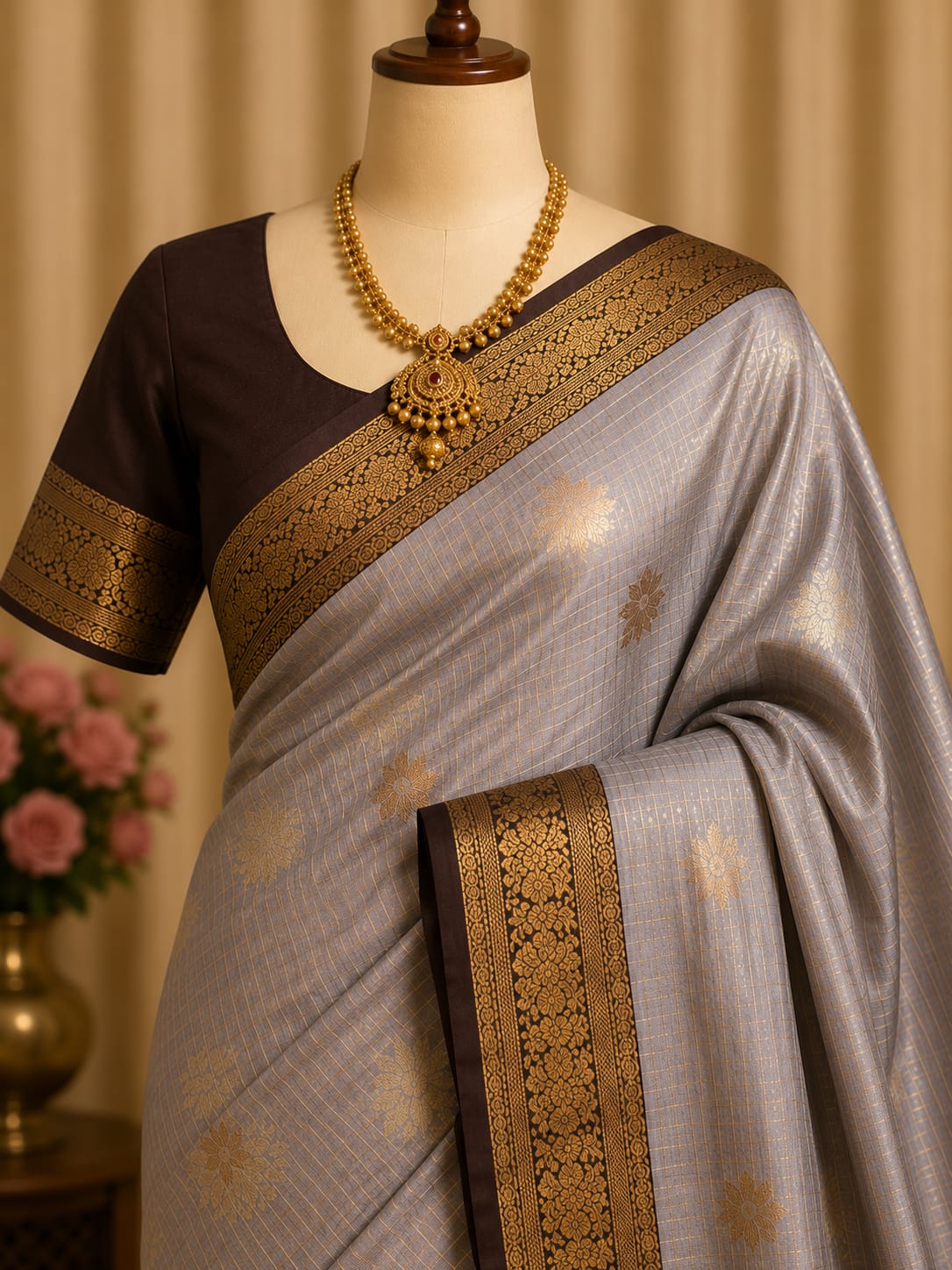Silver Grey & Wine Kanchipuram Silk Blend