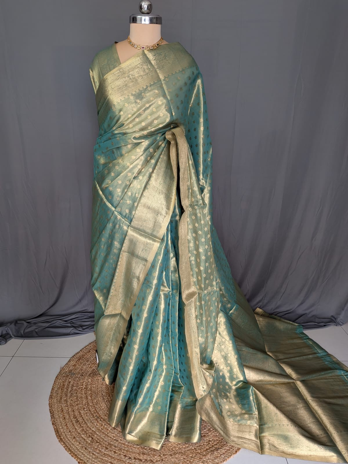 Teal Blue & Antique Gold Tissue Saree