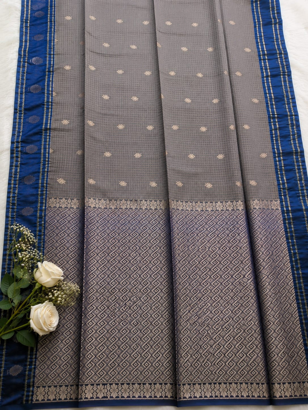 Mauve Grey & Navy Uppada Silk Cotton Saree