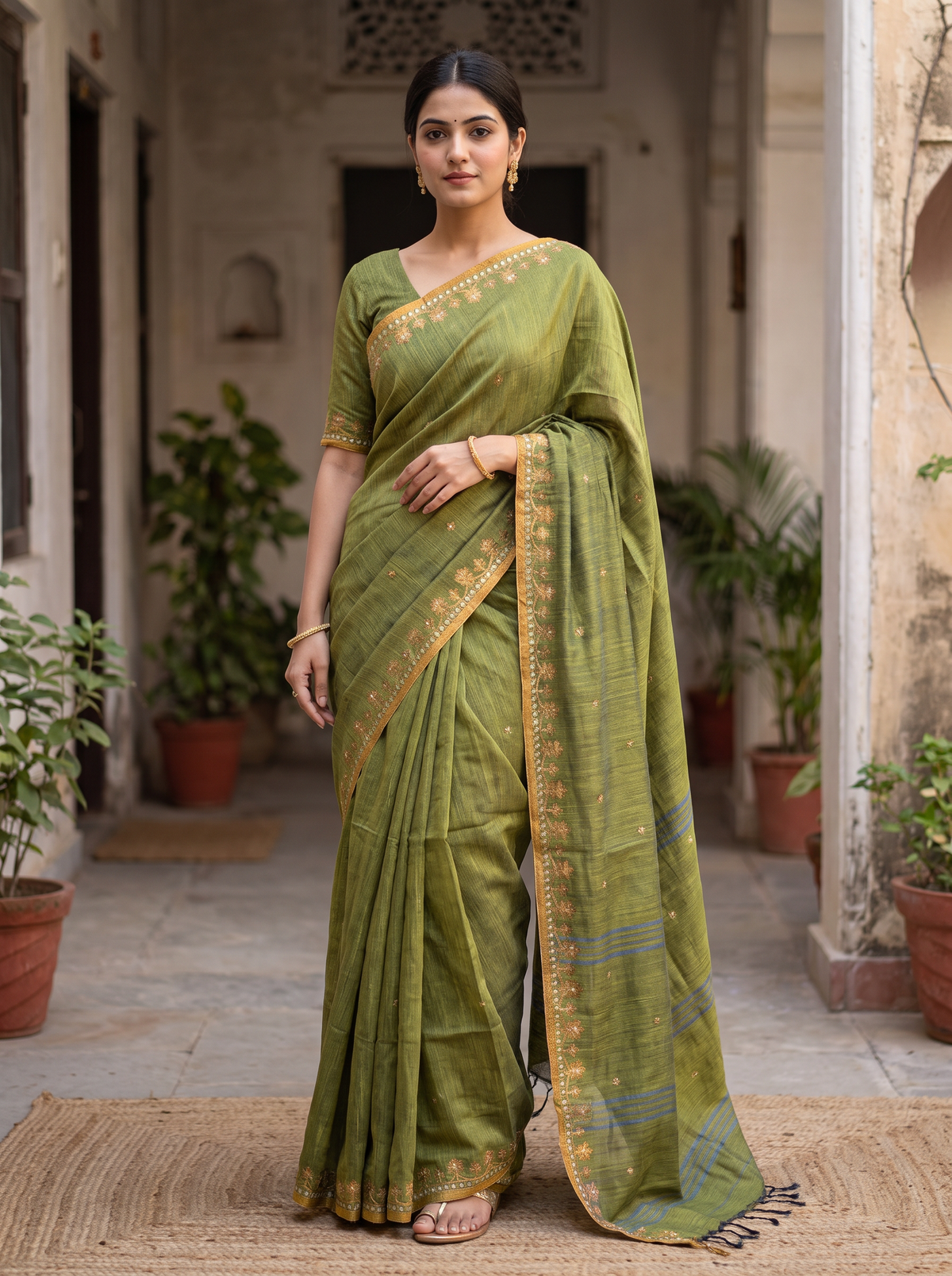 Olive Green Floral Linen Cotton Saree