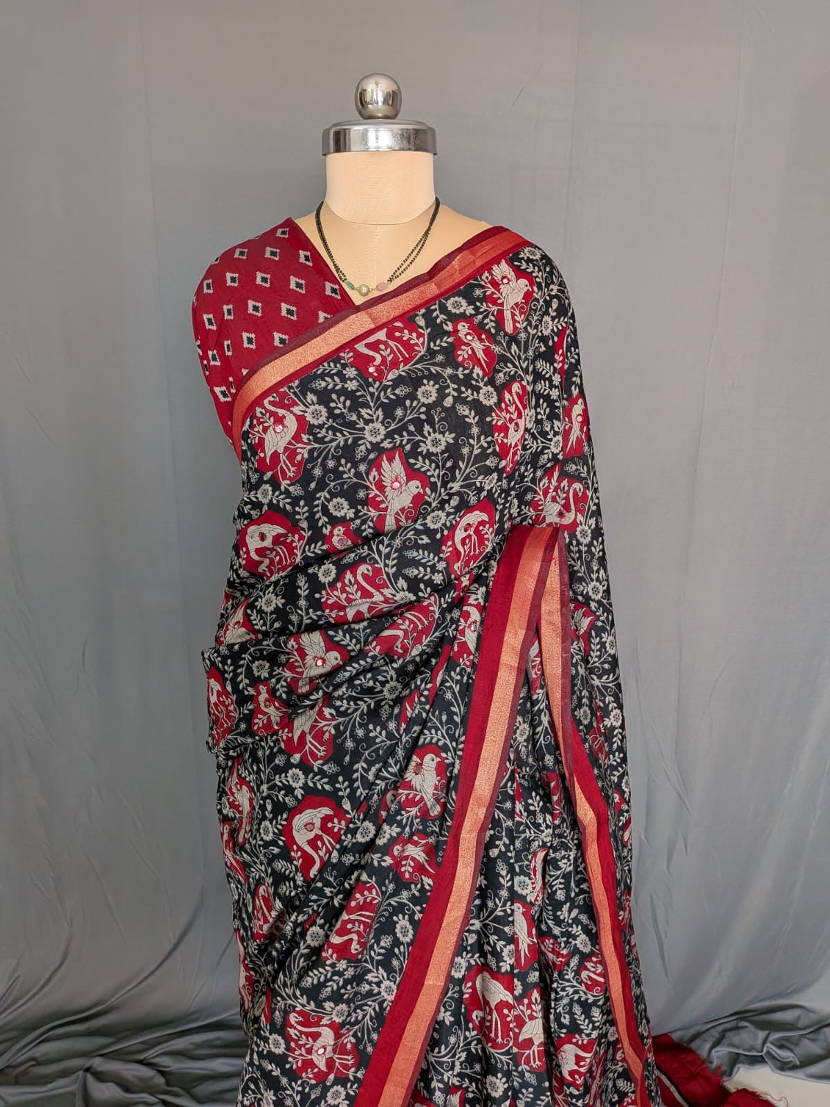Black & Red Floral Kalamkari Mirror Saree