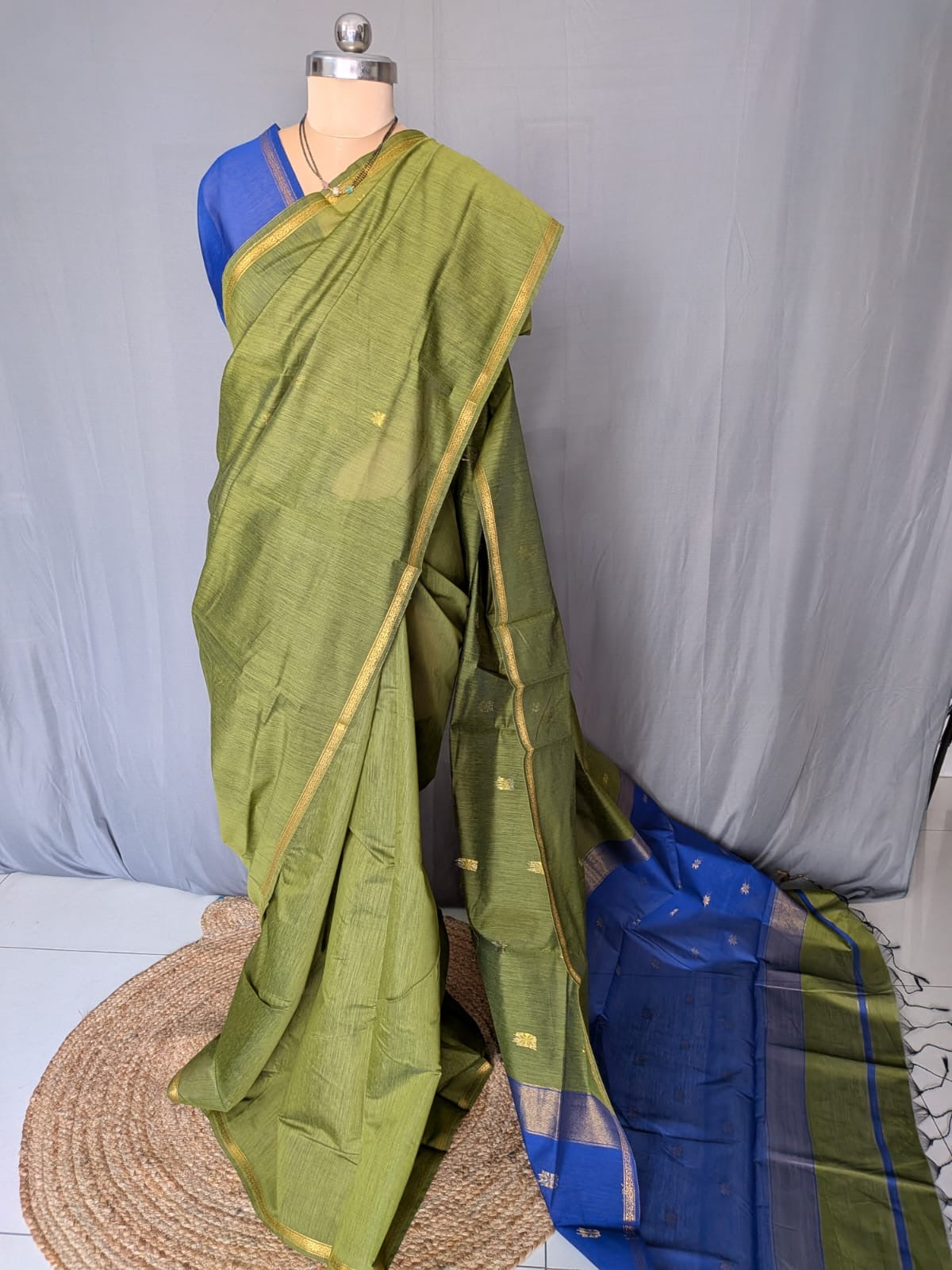 Olive Green & Royal Blue Handloom Saree