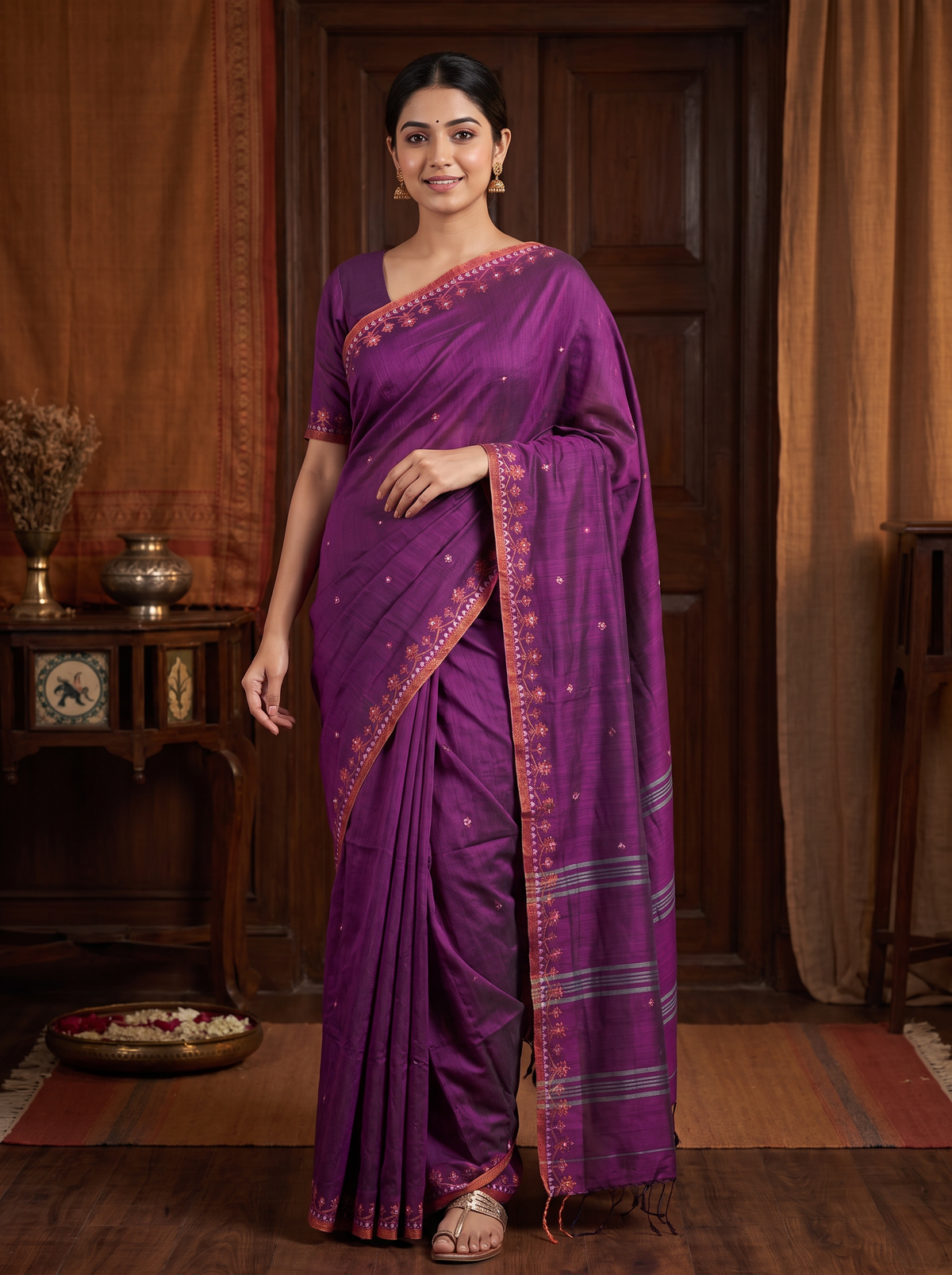 Deep Magenta Floral Linen Cotton Saree