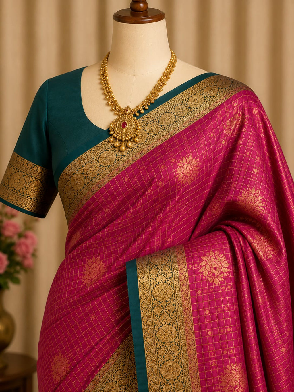 Rani Pink & Teal Kanchipuram Silk Blend