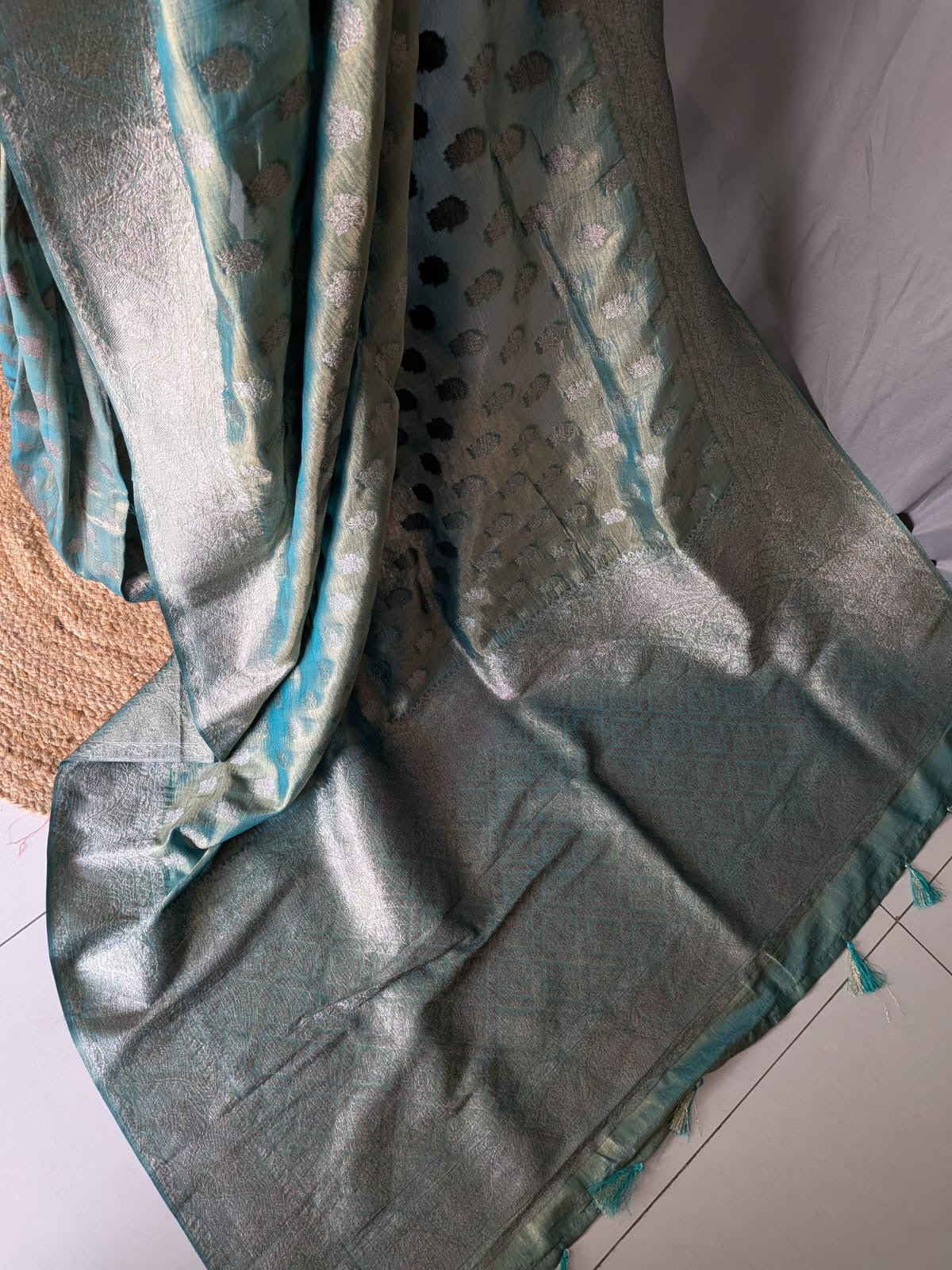 Sea Greenish Blue & Silver Tissue Silk Saree