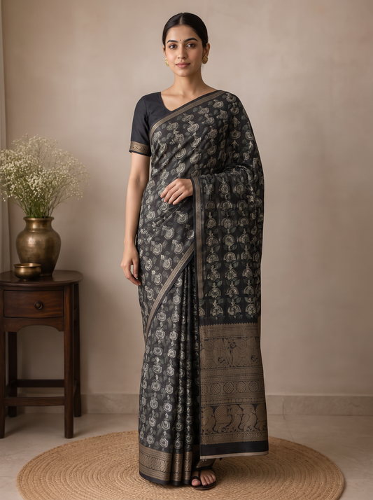 Midnight Charcoal Floral Kota Saree