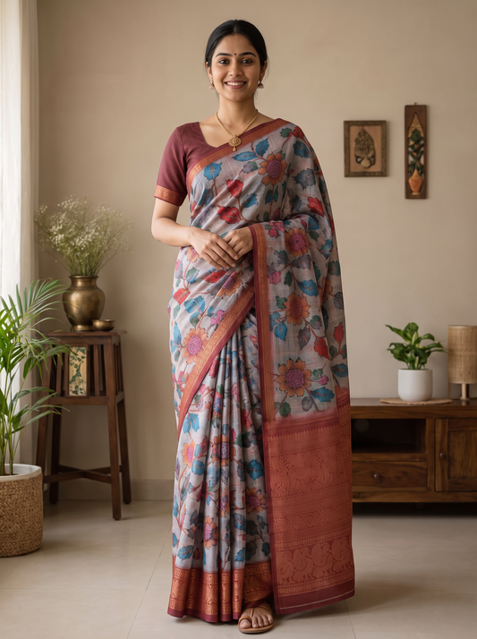 Mist Grey Floral Kota Saree